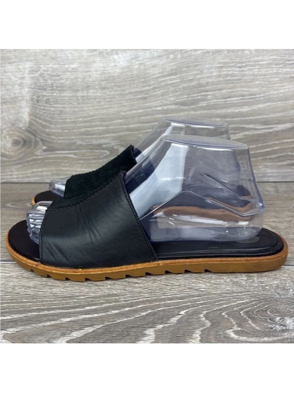 Sorel Black Slide Leather Sandals with Tan Sole